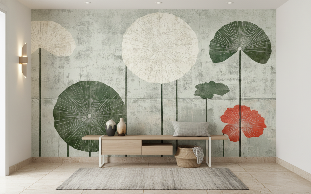 Papier peint botanique vintage avec lotus stylisés sur fond beige - Entrée