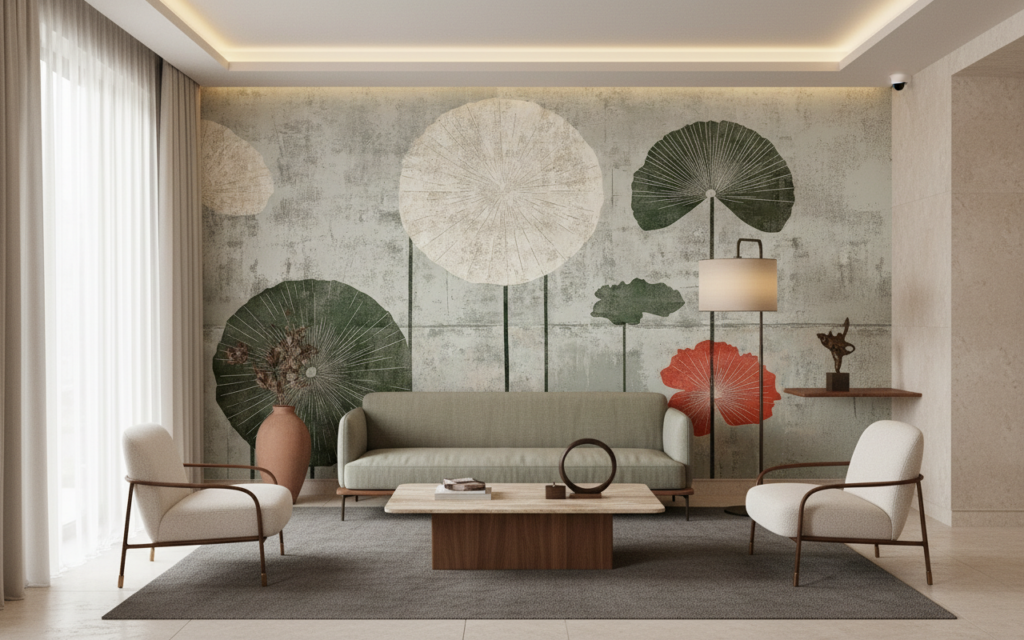 Papier peint botanique vintage avec lotus stylisés sur fond beige - Hôtel