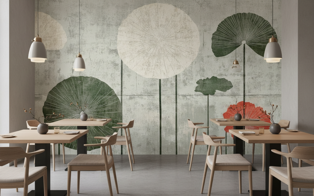 Papier peint botanique vintage avec lotus stylisés sur fond beige - Restaurant