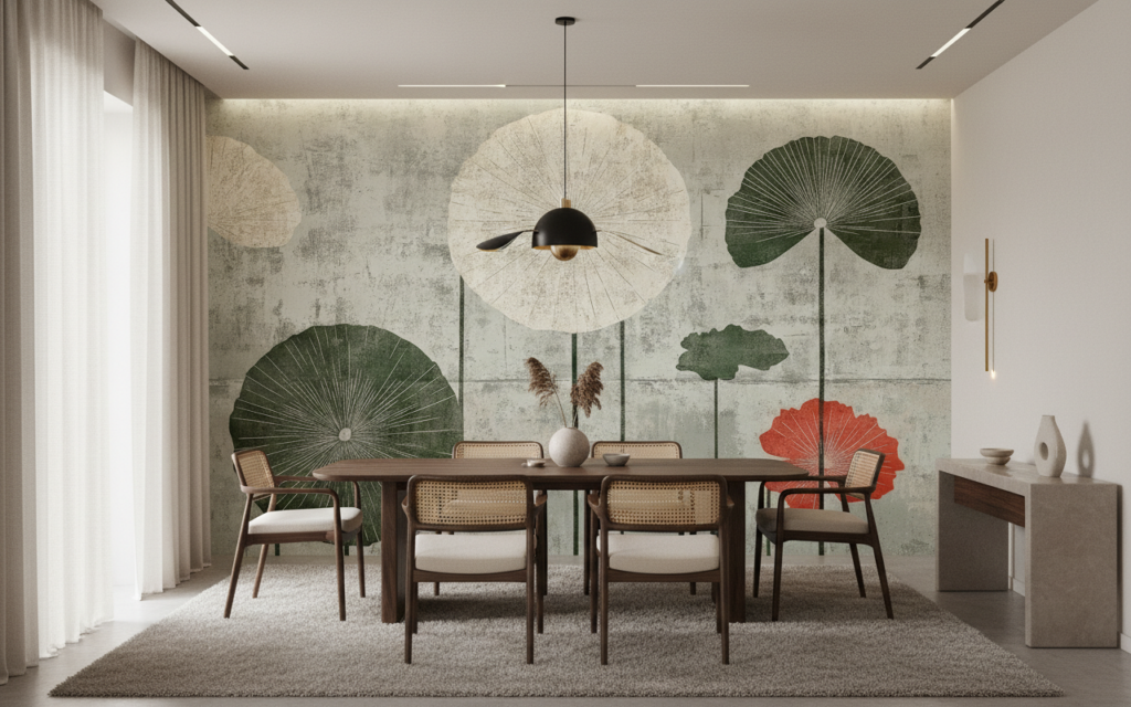 Papier peint botanique vintage avec lotus stylisés sur fond beige - Salle à manger