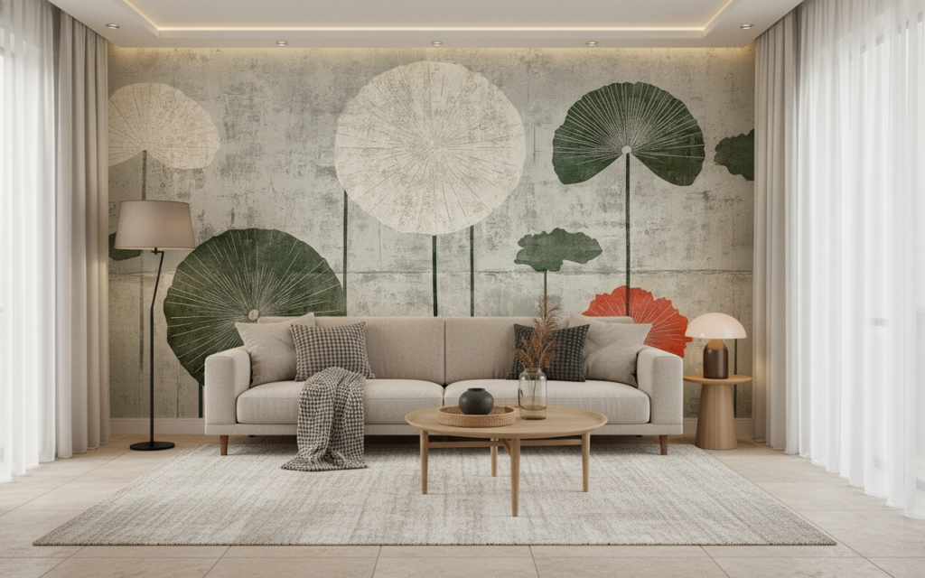 Papier peint botanique vintage avec lotus stylisés sur fond beige - Salon / Séjour