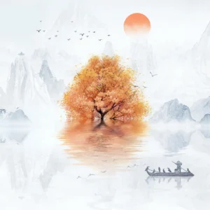 Paysage zen automnal avec arbre doré et montagnes brumeuses