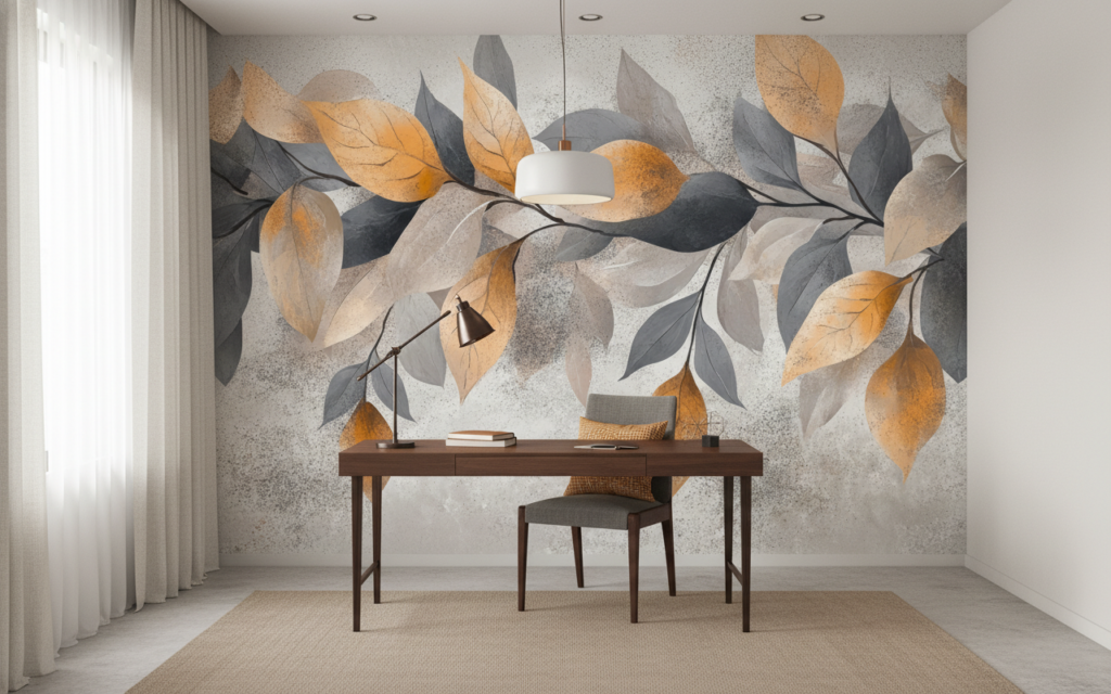 Papier peint branches et feuilles automnales sur fond texturé beige - Bureau