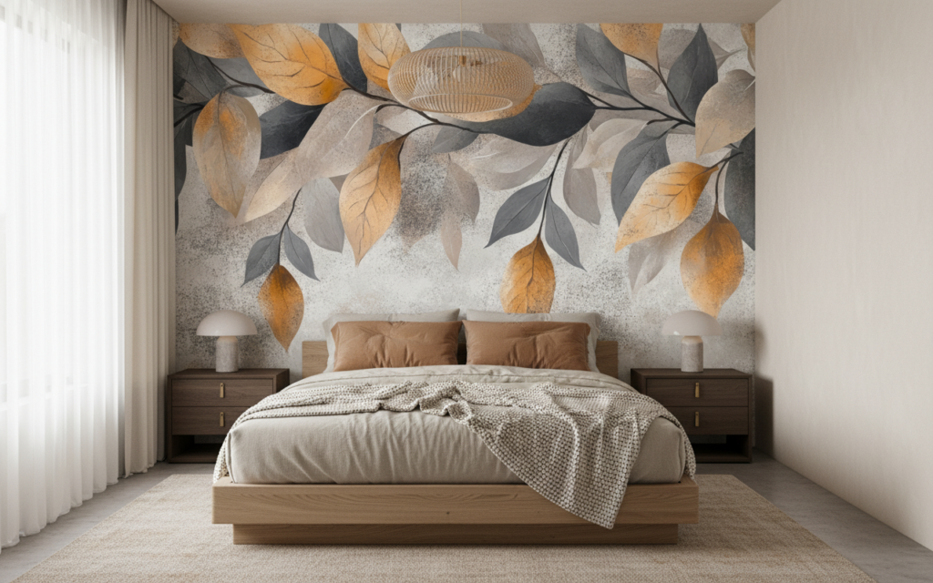 Papier peint branches et feuilles automnales sur fond texturé beige - Chambre adulte
