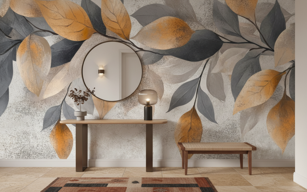 Papier peint branches et feuilles automnales sur fond texturé beige - Entrée