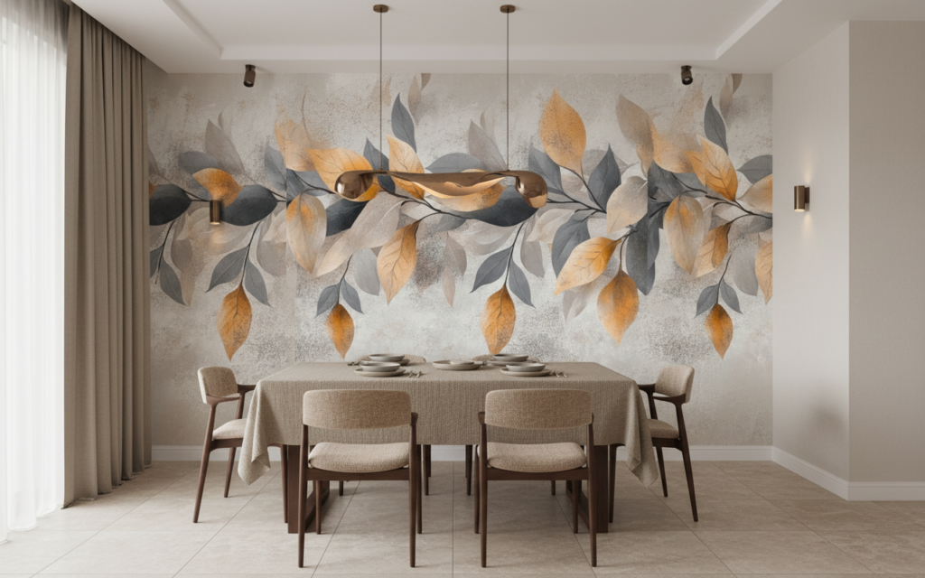 Papier peint branches et feuilles automnales sur fond texturé beige - Salle à manger