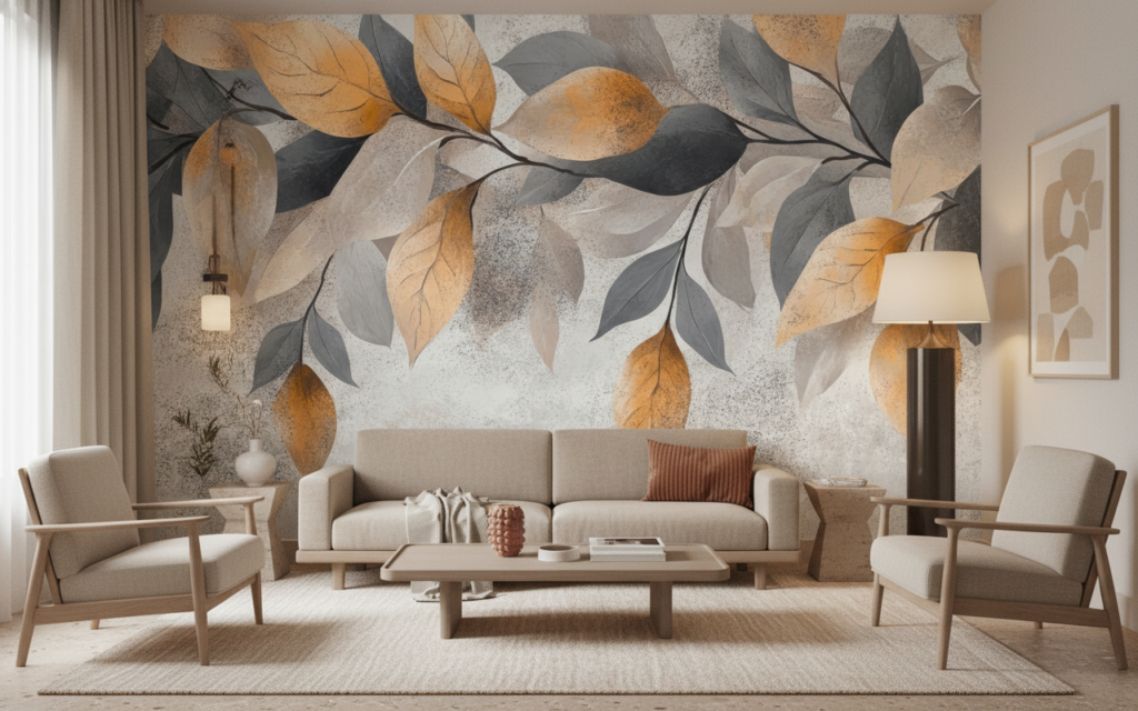 Papier peint branches et feuilles automnales sur fond texturé beige - Salon / Séjour