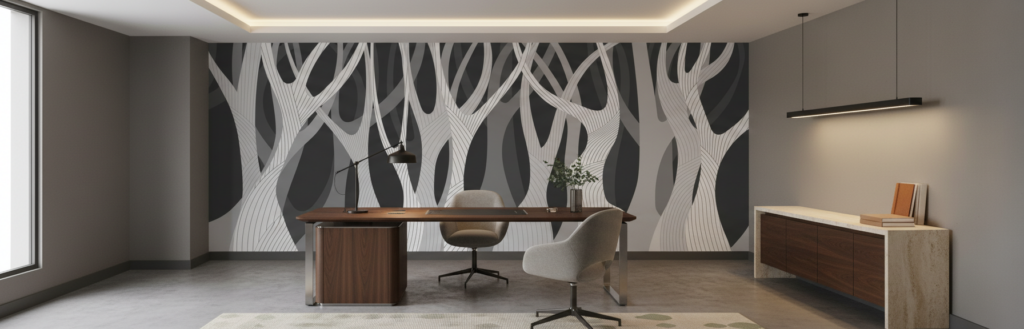 Papier peint branches stylisées effet 3D gris et blanc moderne - Bureau