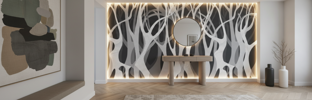Papier peint branches stylisées effet 3D gris et blanc moderne - Couloir