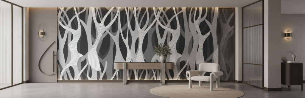 Papier peint branches stylisées effet 3D gris et blanc moderne - Entrée