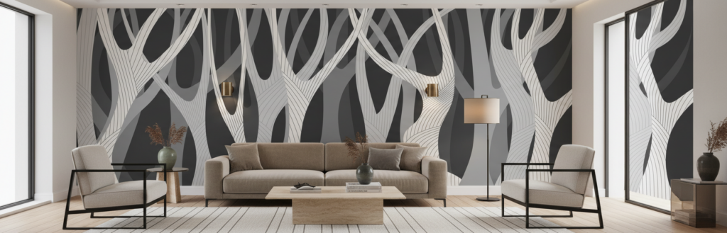 Papier peint branches stylisées effet 3D gris et blanc moderne - Salon / Séjour
