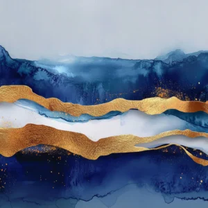 Papier Peint Abstrait Montagnes Dorées et Vagues Bleues Luxueuses