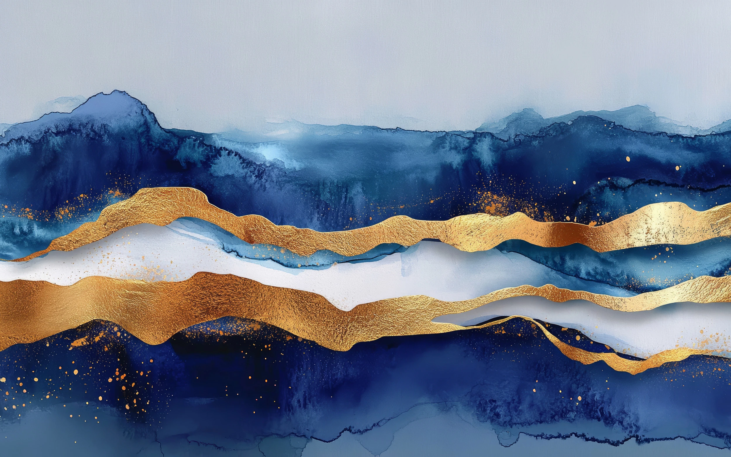 Papier Peint Abstrait Montagnes Dorées et Vagues Bleues Luxueuses