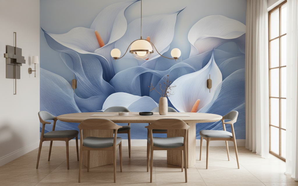 Papier Peint Callas Bleus Stylisés Art Moderne Élégant - Salle à manger