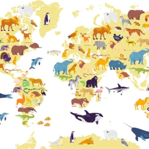 Papier Peint Carte du Monde Animalière Colorée pour Enfants