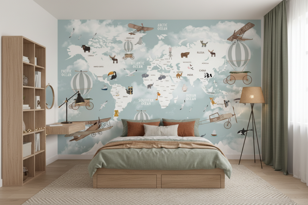 Papier Peint Carte du Monde Aventure Vintage avec Animaux et Avions - Chambre ado