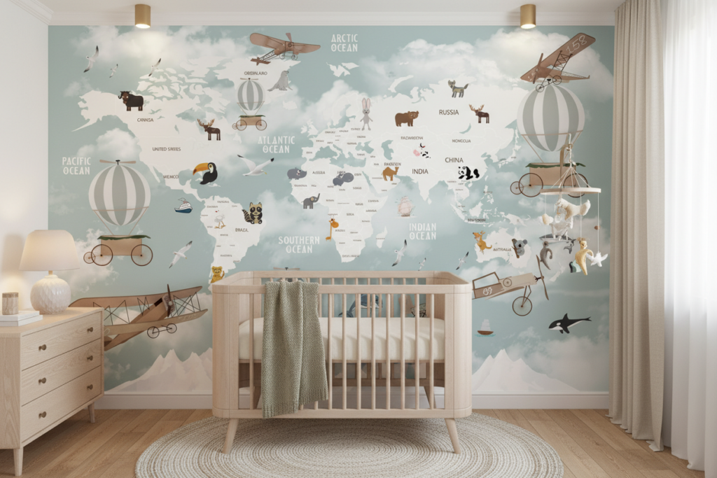 Papier Peint Carte du Monde Aventure Vintage avec Animaux et Avions - Chambre bébé