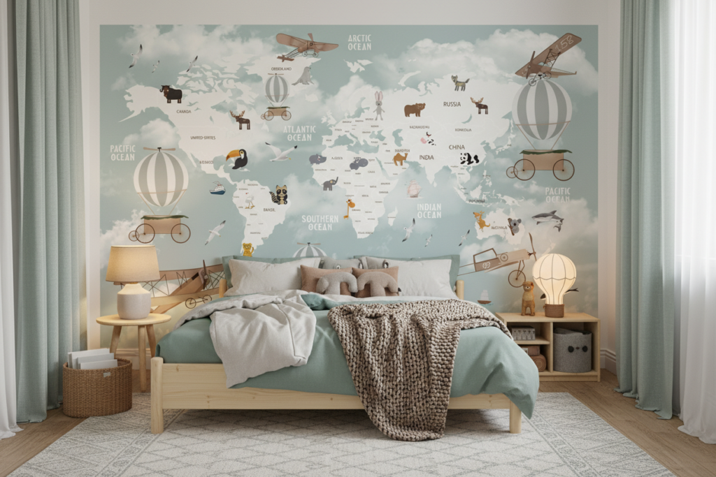 Papier Peint Carte du Monde Aventure Vintage avec Animaux et Avions - Chambre enfant