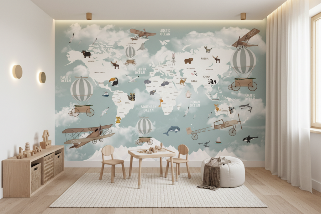 Papier Peint Carte du Monde Aventure Vintage avec Animaux et Avions - Espace enfant (pro)