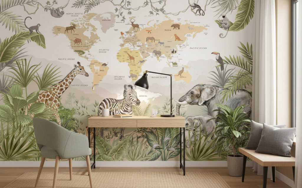 Papier Peint Carte du Monde Safari Animaux Tropicaux Enfant - Bureau