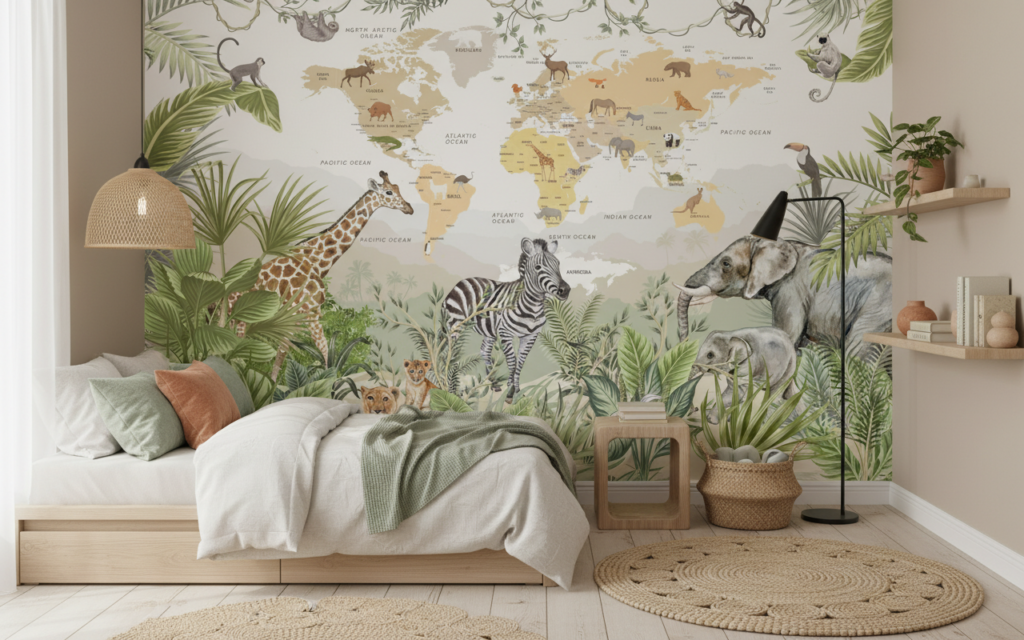 Papier Peint Carte du Monde Safari Animaux Tropicaux Enfant - Chambre ado