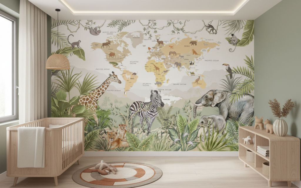 Papier Peint Carte du Monde Safari Animaux Tropicaux Enfant - Chambre bébé