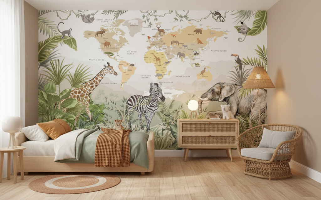 Papier Peint Carte du Monde Safari Animaux Tropicaux Enfant - Chambre enfant