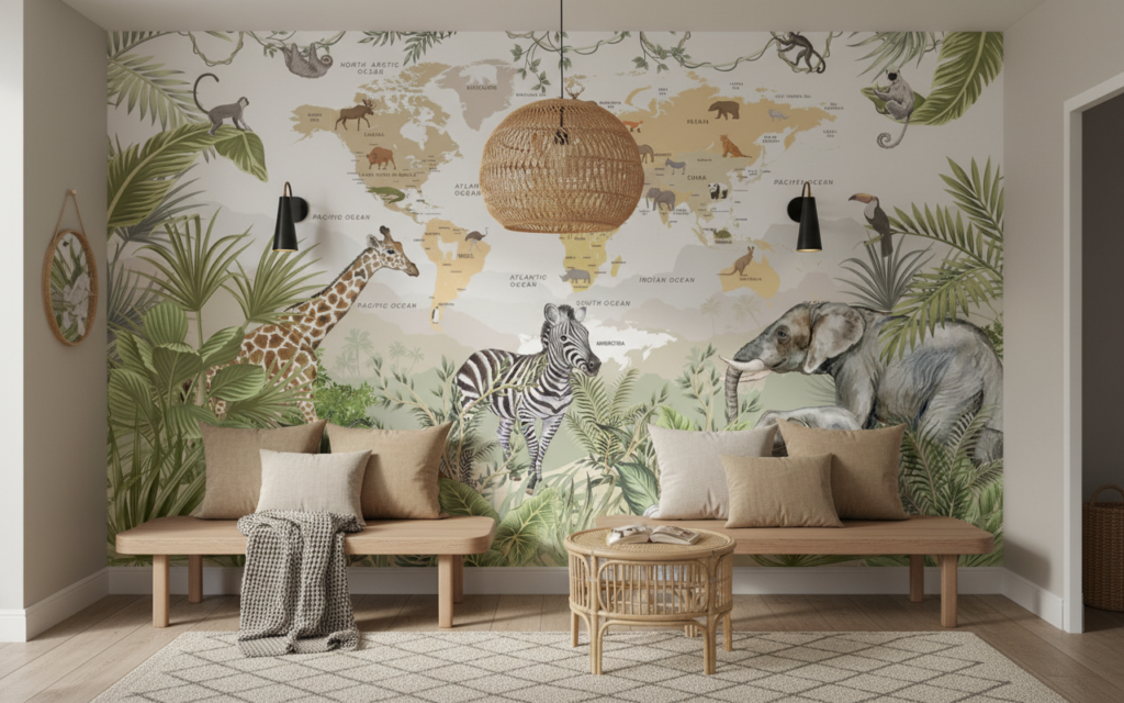 Papier Peint Carte du Monde Safari Animaux Tropicaux Enfant - Espace enfant (pro)