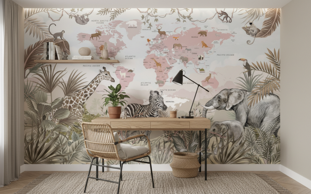 Papier Peint Carte du Monde Safari aux Animaux Exotiques - Bureau