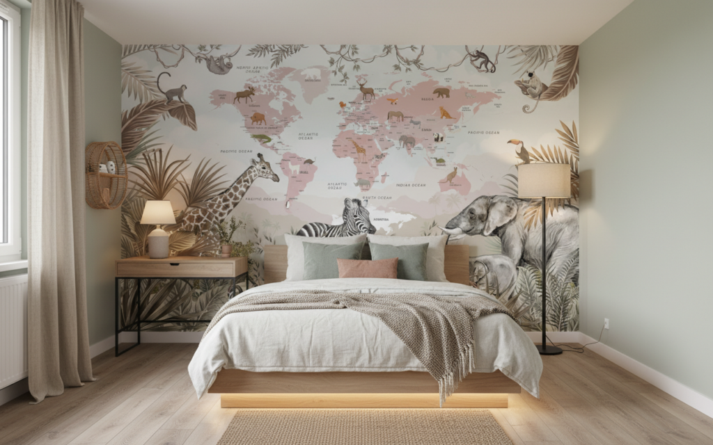 Papier Peint Carte du Monde Safari aux Animaux Exotiques - Chambre ado