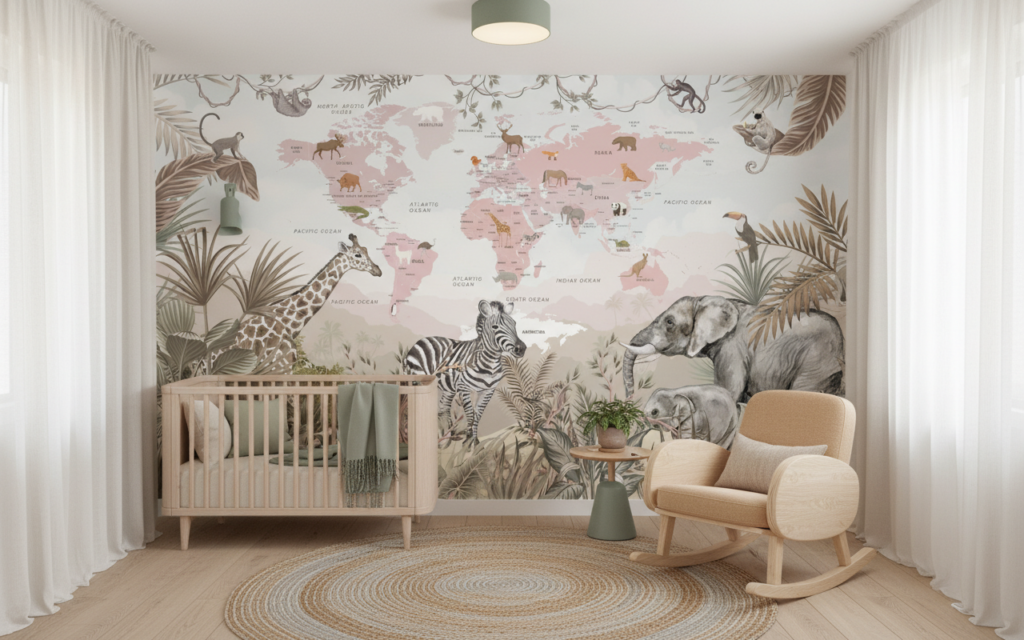 Papier Peint Carte du Monde Safari aux Animaux Exotiques - Chambre bébé