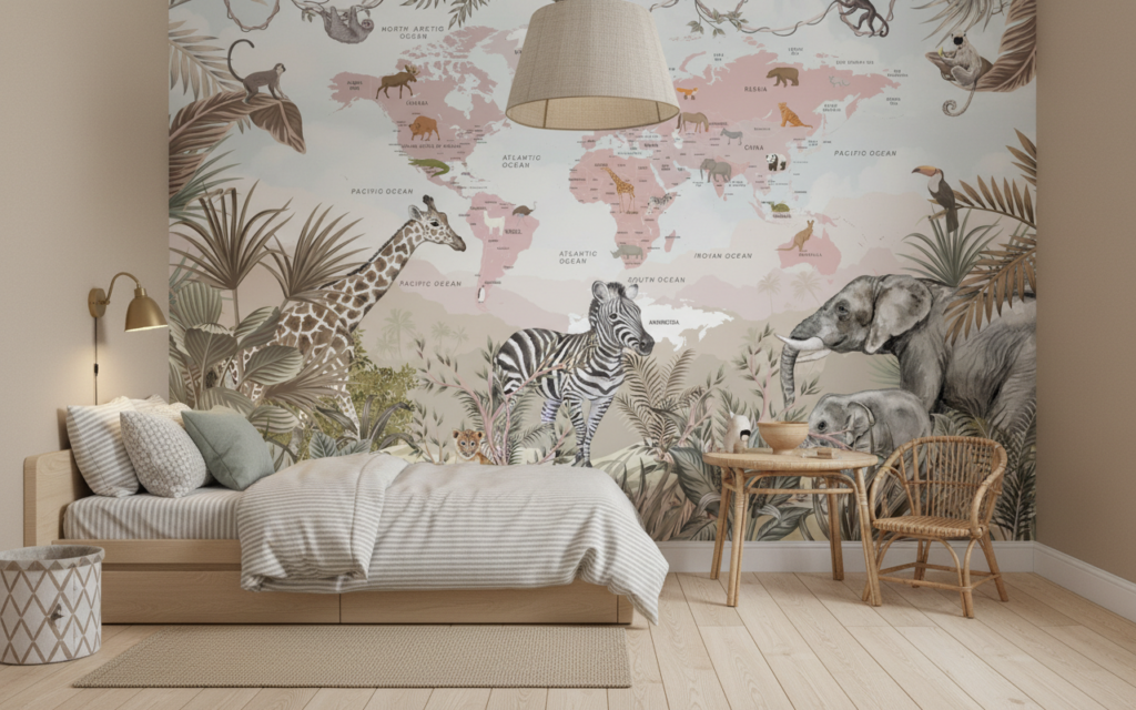 Papier Peint Carte du Monde Safari aux Animaux Exotiques - Chambre enfant