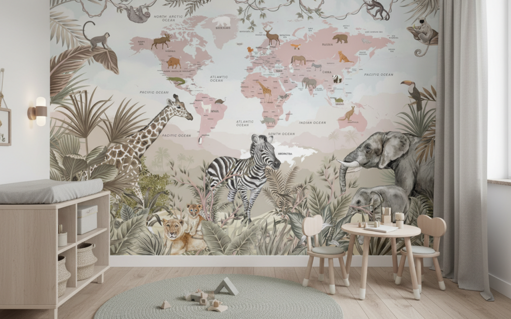 Papier Peint Carte du Monde Safari aux Animaux Exotiques - Espace enfant (pro)