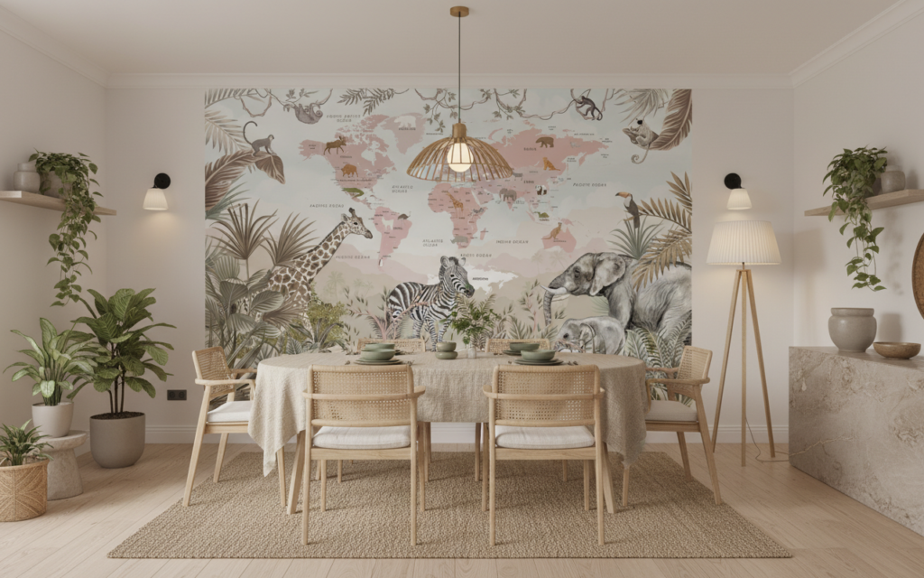 Papier Peint Carte du Monde Safari aux Animaux Exotiques - Salle à manger