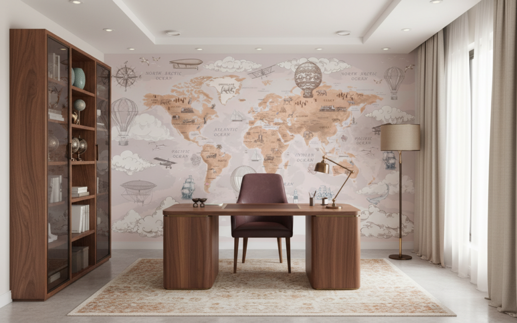 Papier Peint Carte du Monde Vintage avec Montgolfières et Navires - Bureau