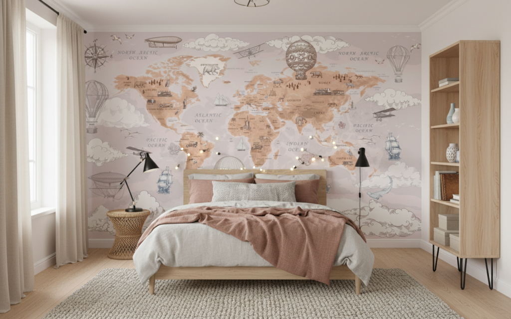 Papier Peint Carte du Monde Vintage avec Montgolfières et Navires - Chambre ado