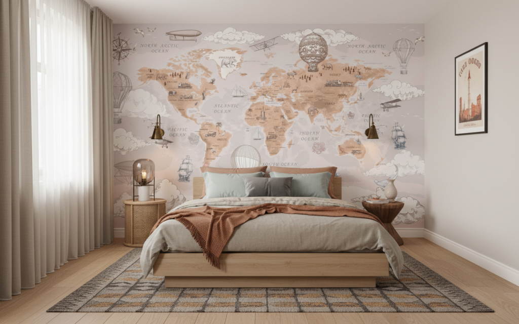 Papier Peint Carte du Monde Vintage avec Montgolfières et Navires - Chambre adulte