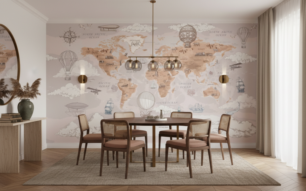 Papier Peint Carte du Monde Vintage avec Montgolfières et Navires - Salle à manger