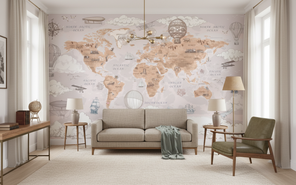 Papier Peint Carte du Monde Vintage avec Montgolfières et Navires - Salon / Séjour