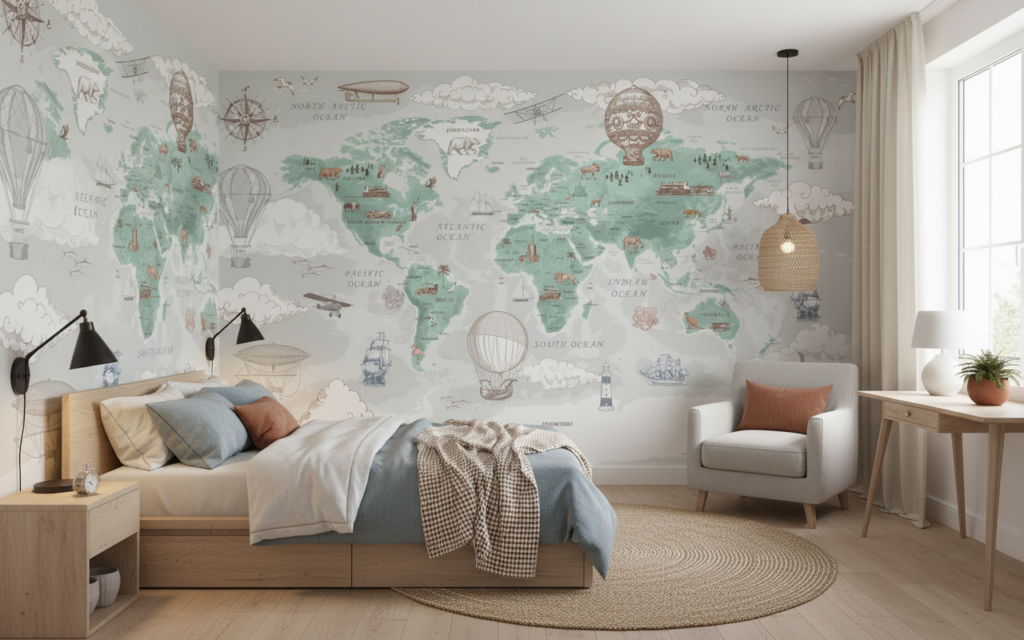 Papier peint carte du monde vintage exploration aventure décorative - Chambre ado