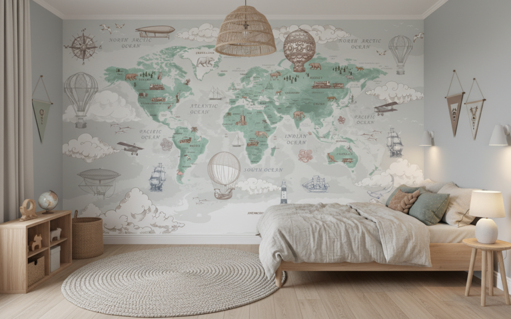 Papier peint carte du monde vintage exploration aventure décorative - Chambre enfant