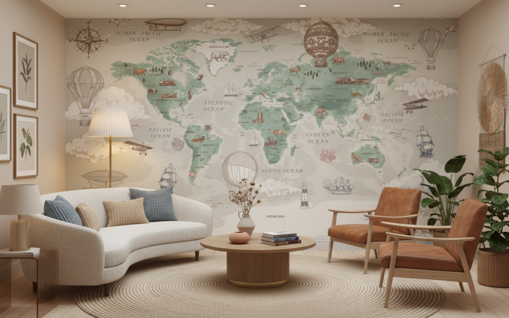 Papier peint carte du monde vintage exploration aventure décorative - Salon / Séjour