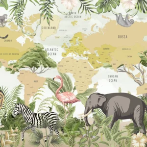 Carte du monde safari avec animaux exotiques et végétation tropicale