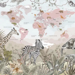 Papier Peint Carte du Monde Safari aux Animaux Exotiques