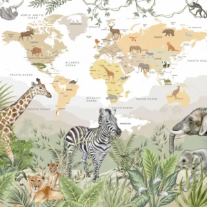 Papier Peint Carte du Monde Safari Animaux Tropicaux Enfant
