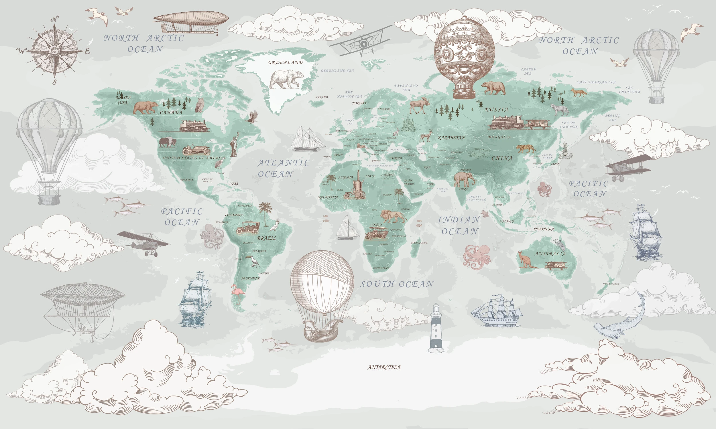 Papier peint carte du monde vintage exploration aventure décorative