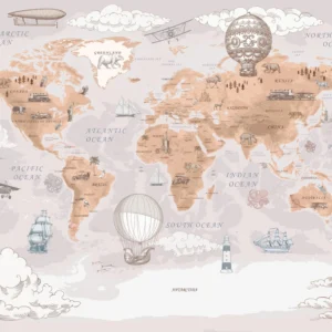 Papier Peint Carte du Monde Vintage avec Montgolfières et Navires