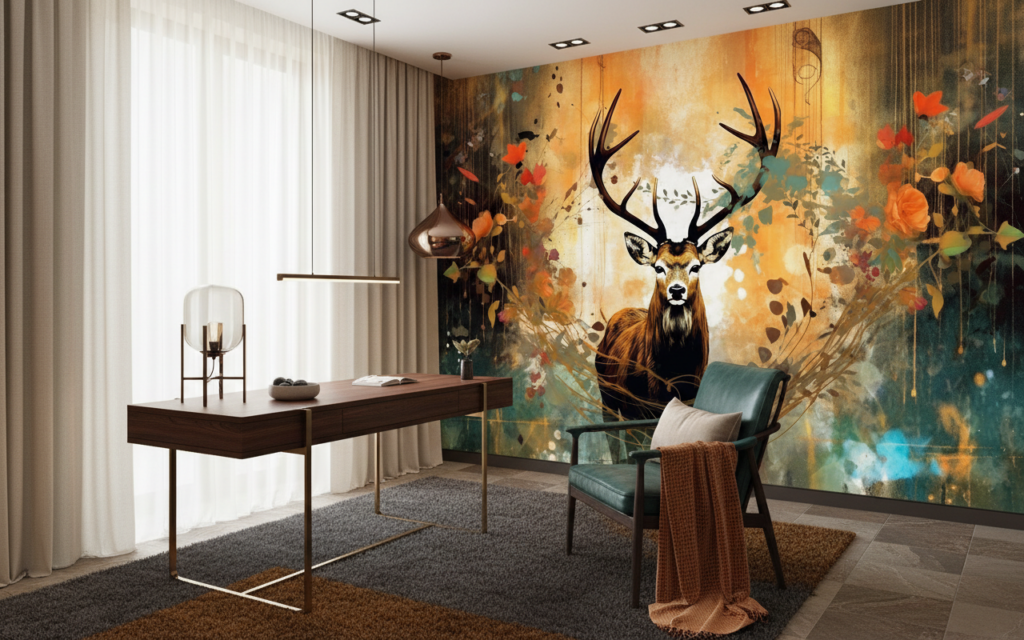 Papier Peint Cerf Majestueux avec Bois Automnal et Éclaboussures Artistiques - Bureau