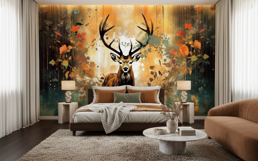 Papier Peint Cerf Majestueux avec Bois Automnal et Éclaboussures Artistiques - Chambre adulte