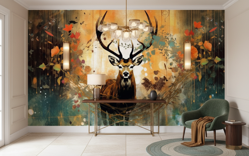 Papier Peint Cerf Majestueux avec Bois Automnal et Éclaboussures Artistiques - Entrée